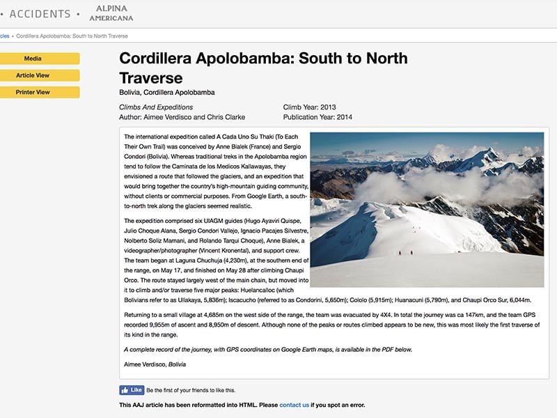 American Alpine Journal – Cordillera Apolobamba